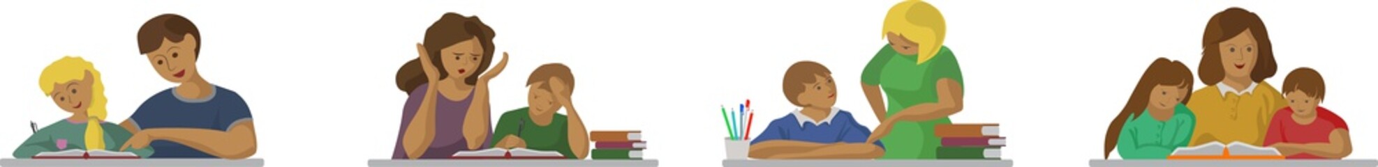 Set of vector illustrations, parents help children do homework, read a book with their son and daughter.