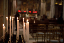 Burning Candles In Church, Shallow Depth Of Field