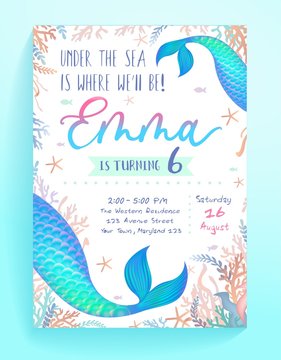 Wall Mural - Under sea where well be party invitation template vector illustration. Fish tails flat style. Bright decoration for festive card. Birthday and childhood concept. Isolated on blue background