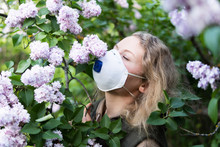 Young Blonde Woman Smells Lilac Tree Blossom Through FFP2 Respirator. Conceptual Image Of Corona Virus Quarantine And Allergy
