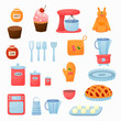 Vector cartoon illustration with baking utencils and ingredients isolated on white background