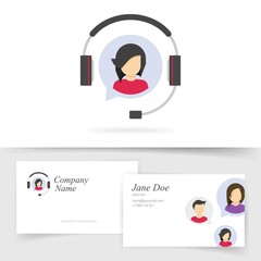 Wall Mural - Customer service support logo with business card design or client assistance help desk agent call center symbol vector flat, telephone online operator assistant logotype with female person
