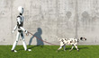 A humanoid robot walks a Dalmatian breed dog with a leash on the lawn. Replacing human labor with robotics. Future concept with smart robotics and artificial intelligence. 3D rendering.