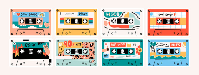 Set of eight Retro Vintage tape Cassettes. Various audio tapes. Different Mixtapes. Love songs, Relax, Rock, Nineties hits etc. Hand drawn colored Vector illustration. Every cassette is isolated