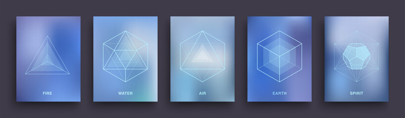 Set of Mystic Esoteric Posters. Sacred Geometry Covers Template Design. Five Minimal Ideal Platonic Solids. Tattoo Neon Hipster Backgrounds. Astrology & Astronomy Banners. Vector Illustration EPS 10