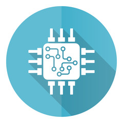 Poster - Circuit blue round flat design vector icon isolated on white background, technology, chip, processor illustration in eps 10