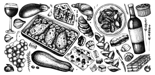 Hand drawn French food and drinks collection in color. Engraved style dishes, snacks, desserts, beverages sketches. French cuisine food illustrations. 