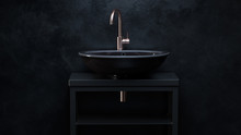 3d Render. Black Ceramic Sink With Iron Water Tap On Wooden Pedestal In Room With Black Walls.