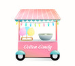 Cute cotton candy machine cart or stall on wheels, pink color design for kids and children. Colorful watercolor style candy floss cartoon. Vector isolated design.