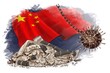 Economic crisis in China. bankruptcy,budget recession. Wrecking coronavirus ball on chain hangs near cracked bank. crack business, economy.