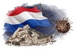  Economy Netherlands falling,risk, global change. banking crisis,bankruptcy,budget recession. Wrecking coronavirus ball on chain hangs near cracked bank. crack business, economy.