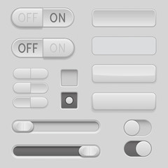 Gray web buttons. Push buttons, toggle switch buttons and sliders