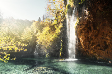 Canvas Print - waterfall in forest, plitvice lakes, croatia