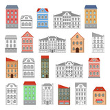 Fototapeta Miasto - Houses. Set of european old buildings. Outline and colored drawing