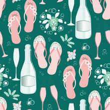 Champagne Bottles And Flip Flop Shoe Vector Seamless Pattern Background. Hand Drawn Glasses, Sparkling Wine, Sandals Flowers Teal Pink Backdrop. All Over Print For Beach Hen Party Celebration Concept
