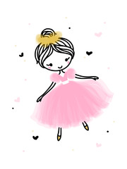 Wall Mural - Cute dancing ballerina in pink transparent skirt. Hand drawn cartoon with adorable little ballet dancer. Simple vector illustration isolated on white. Use for t-shirt print. Editable stroke