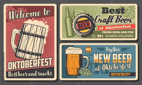 Oktoberfest beer and snack retro vector posters. Wooden and glass cups, hop leaf, alcohol drinks age restriction. Oktoberfest craft beer fest celebration, beerhouse tavern or pub vintage cards © Vector Tradition