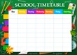School timetable or lesson schedule template, vector education. Week chart or plan and study planner with school supplies, student stationery, microscope, magnifier and maths formulas on chalkboard