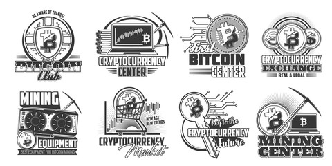 Aufkleber - Bitcoin cryptocurrency mining vector icons. Monochrome digital trade service center, currency and exchange isolated symbols. Bitcoin mining equipment and technology icons