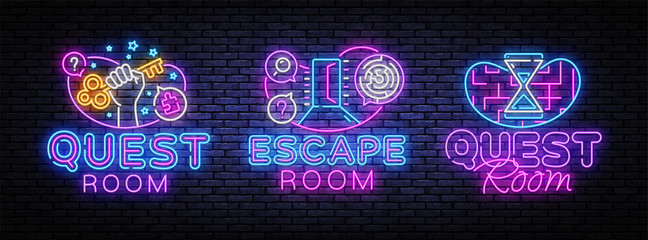 Wall Mural - Escape Room collection neon signs vector. Quest Room design template concept. Neon banner background design, night symbol, modern trend design. Vectro Illustration