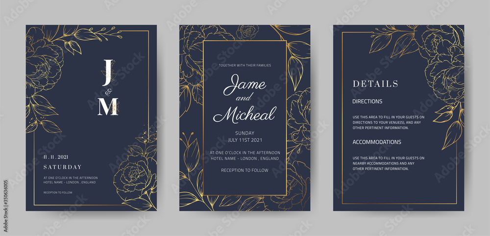 Gold flower wedding invitation card template set with golden rose peony ...