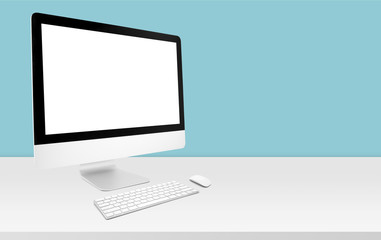 Wall Mural - mockup desktop computer display blank screen on desk in office, workspace with mock up computer scre