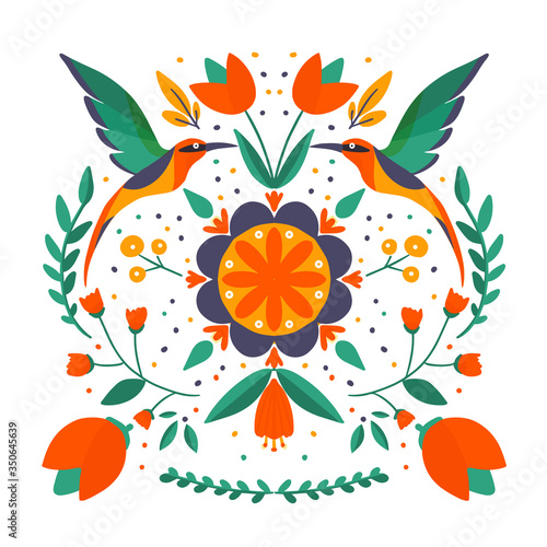 Photographie folk art scandinavian colourful pattern with floral and birds vector illustratio