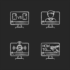 Sticker - Online video watching chalk white icons set on black background. Product comparison. Blogger live stream. Internet tutorial. Videography industry. Isolated vector chalkboard illustrations