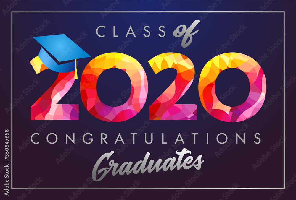 Class of 2020 year graduation banner, awards concept. Stained 3D sign, happy holiday invitation card. Isolated abstract graphic design template. Calligraphic text in brushing style, dark background. - obrazy, fototapety, plakaty 