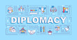 © IMG visuals icons - Diplomacy word concepts banner. Multicultural negotiation. International relation. Infographics with linear icons on turquoise background. Isolated typography. Vector outline RGB color illustration