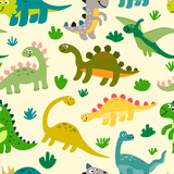 Fototapeta Dinusie - Cute dinosaurs seamless pattern in flat childlike style. Prehistoric world background. Vector illustration. 
