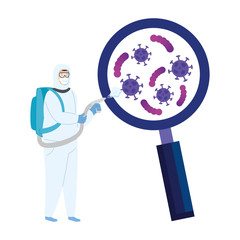 Poster - person with biohazard suit protection and magnifying glass vector illustration design