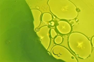 abstract reflect green bubbles of oil in water background