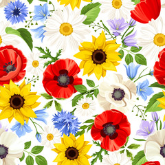 Wall Mural - Vector seamless pattern with colorful flowers (sunflowers, poppies, daisies, bluebells and cornflowers).