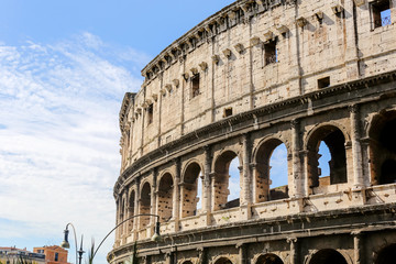 Close up of the Colosseum in Rome in Italy on a Sunny day against a blue sky