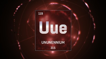 Wall Mural - 3D illustration of Unnunenium as Element 119 of the Periodic Table. Red illuminated atom design background with orbiting electrons. Design shows name, atomic weight and element number 