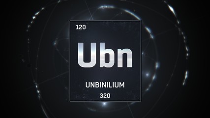 Sticker - 3D illustration of Unbinilium as Element 120 of the Periodic Table. Silver illuminated atom design background with orbiting electrons. Design shows name, atomic weight and element number 