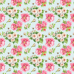  Seamless pattern of watercolor flowers, buds and leaves of pink and white dog-rose. Shabby chic style.