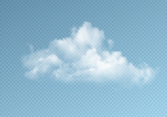 Transparent clouds isolated on blue background. Real transparency effect. Vector illustration