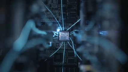 The main processor on the large board is connected to other circuits via wires glowing with blue light. Internal structure of microchip is glows in operating mode. Closeup. Dolly shot. Shallow depth o