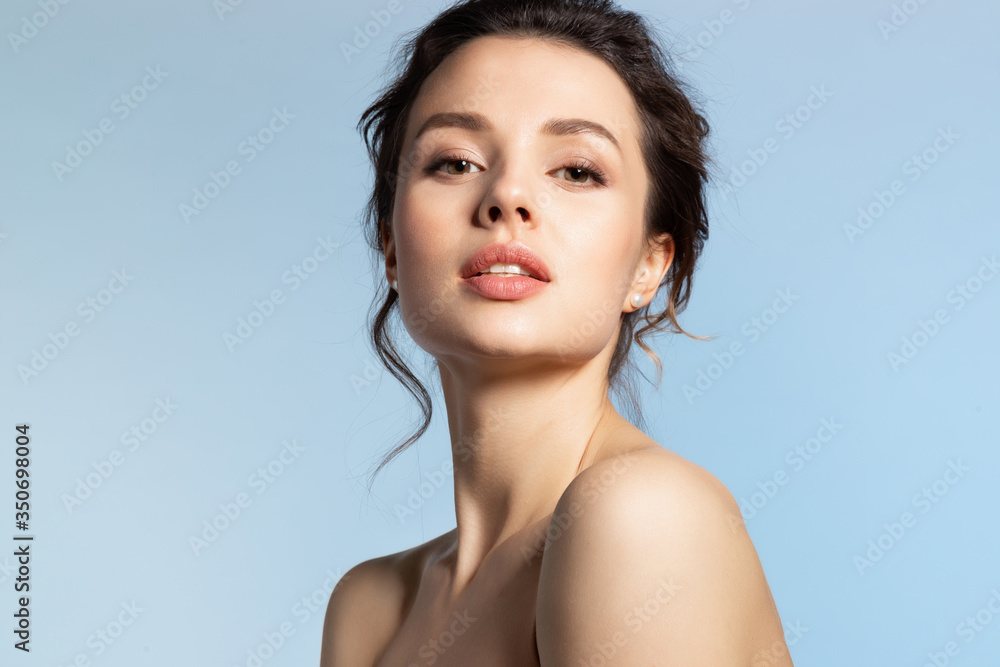 Brunette sensual woman with clean face, nude makeup enjoying perfect ...