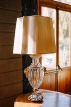Vintage Antique Table Lamp With White Lampshade And Crystal Base