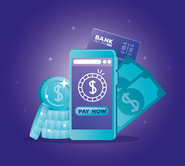 Sticker - concept of bank online with smartphone and icons vector illustration design