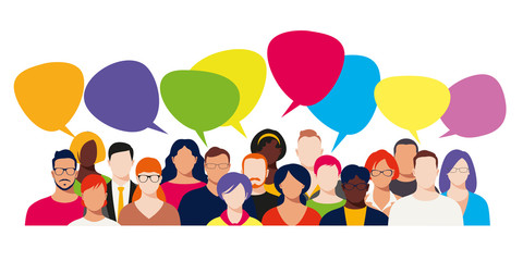 big people group with speech bubbles. banner concept of business, internet discuss, news, social net