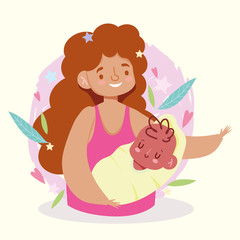 Sticker - Mother with baby and leaves vector design