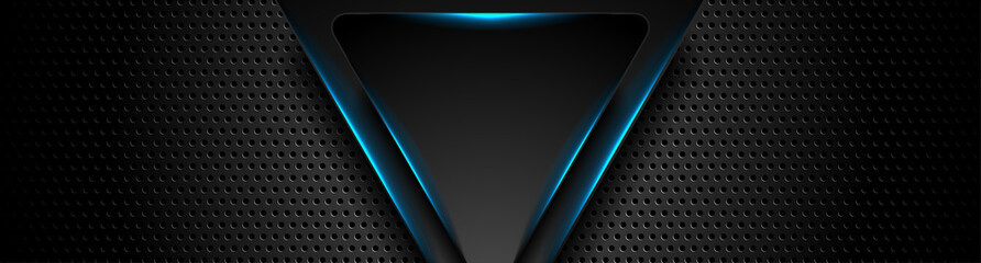 Futuristic perforated technology abstract background with blue neon glowing triangles. Vector banner design