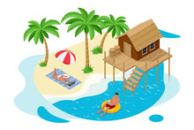 Isometric Summer Vacation Concept. Summer Time. Luxury Overwater Thatched Roof Bungalow In A Honeymoon Vacation Resort In The Clear Blue Lagoon With A View On The Tropical Island. Tropical Vacations