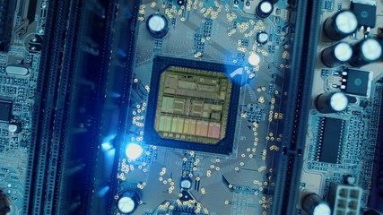 The internal structure of the main processor is lit at the time of operation. Rotation. Closeup. Shallow depth of field