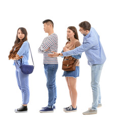 People waiting in line on white background