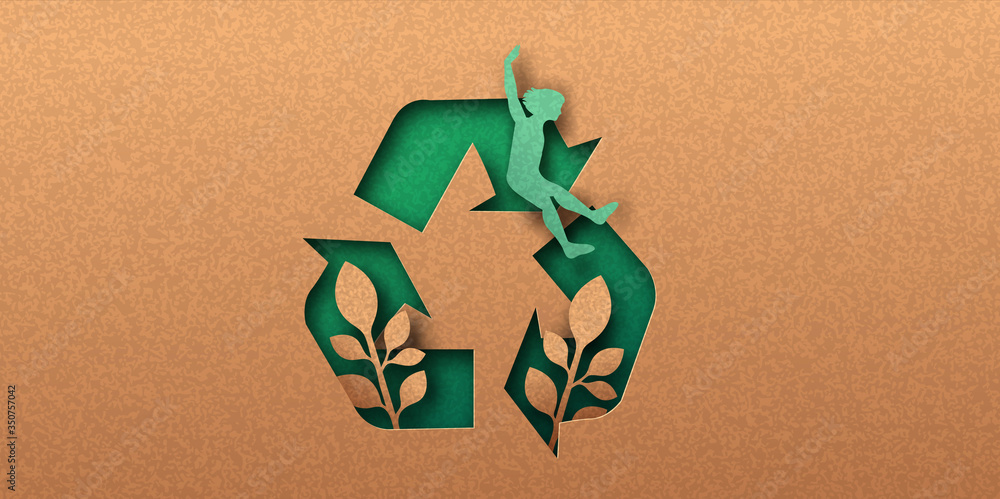Social recycling papercut concept of recycle icon - obrazy, fototapety, plakaty 
